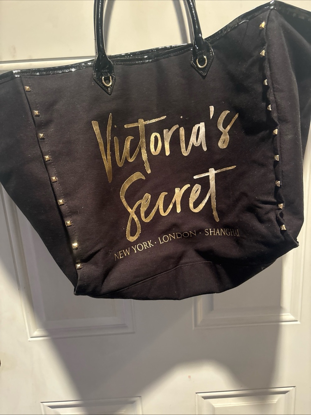 Victoria's Secret Black Tote with Gold Script and Stud Accents